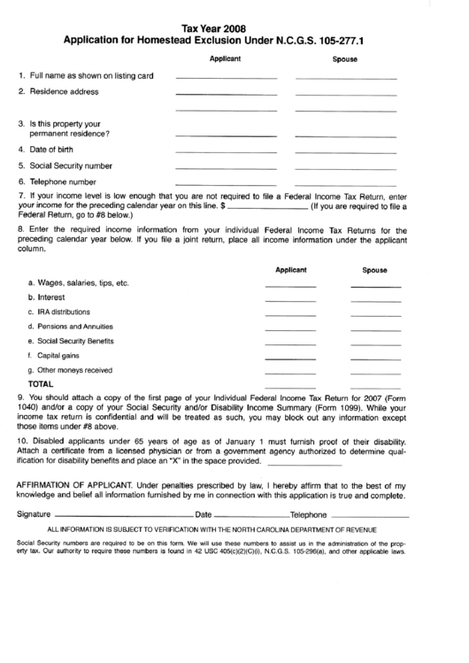 Tax Year 2008 - Application For Homestead Exclusion Under Form N.c.g.s. 105-277.1 - State Of North Carolina Printable pdf