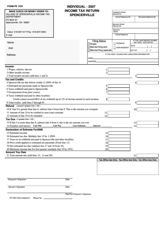 Form Fr 1224 - Income Tax Return - Spencerville - 2007 Printable pdf