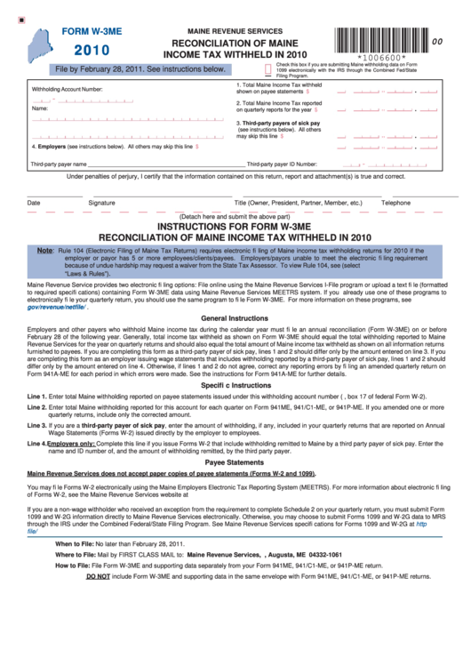 Form W-3me - Reconciliation Of Maine Income Tax Withheld In 2010 Printable pdf