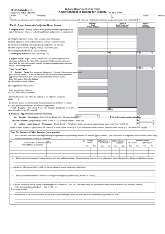 Form It-65 Schedule E - Apportionment Of Income For Indiana Printable pdf