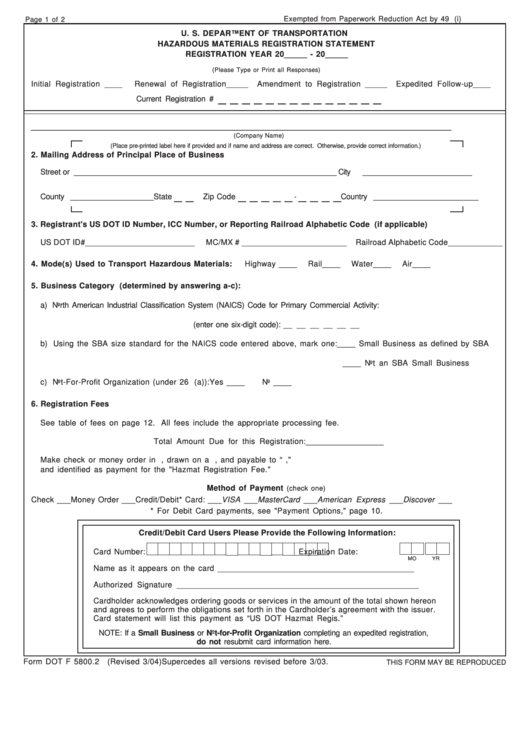 Hazardous Materials Registration Statement Form - Us Department Of Transportation Printable pdf