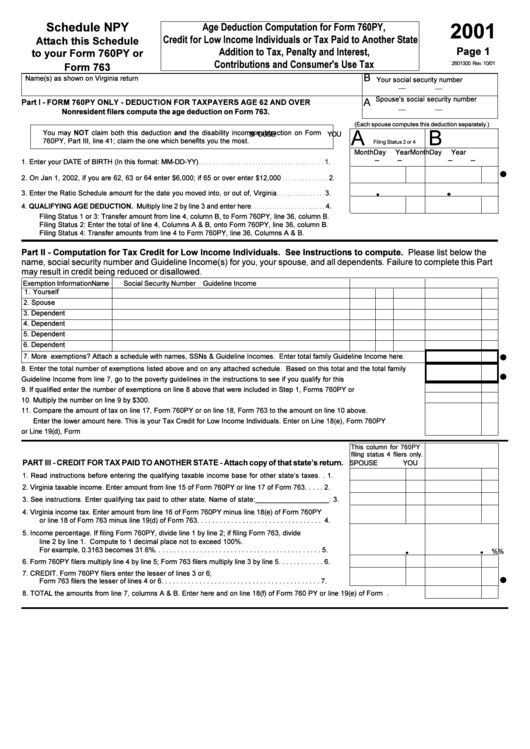 Schedule Npy - Age Deduction Computation For Form 760py, Credit For Low