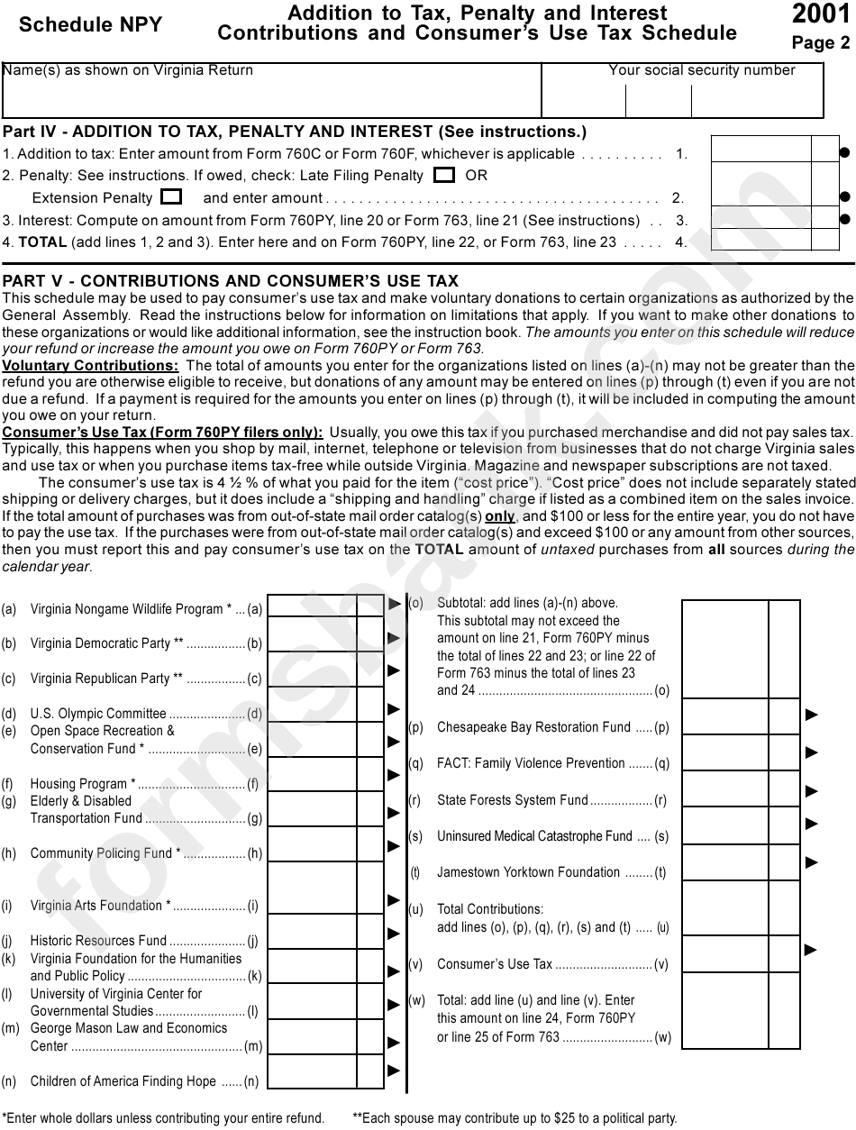 Schedule Npy - Age Deduction Computation For Form 760py, Credit For Low Income Individuals Or Tax Paid To Another State Addition To Tax, Penalty And Interest, Contributions And Consumer