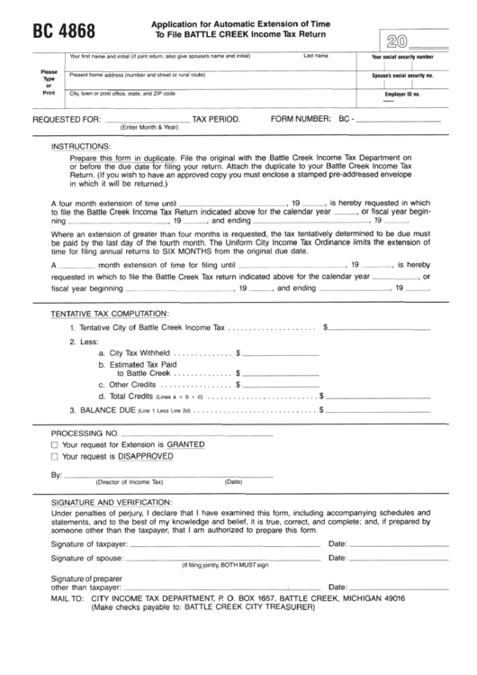 Form Bc 4868 - Application Form For Automatic Extension Of Time To File Battle Creek Income Tax Return Printable pdf