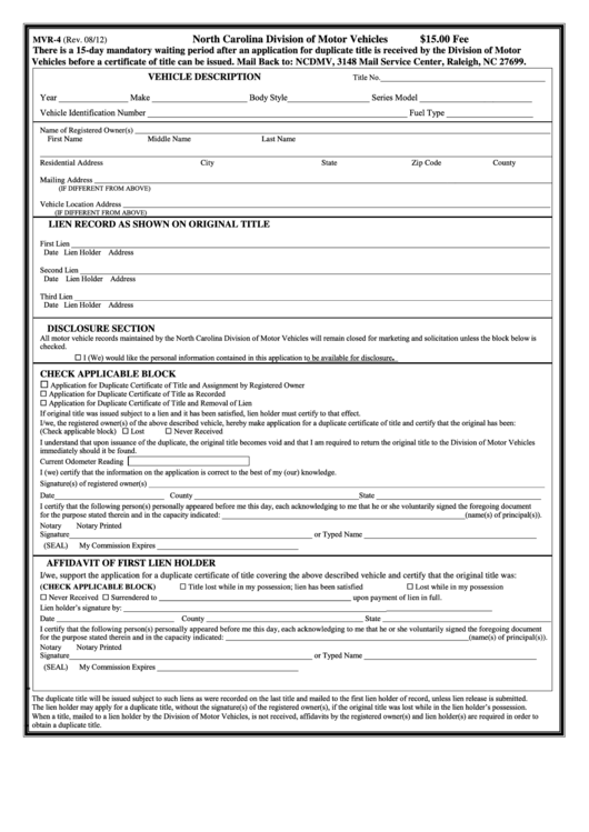 Fillable Form Mvr-4 - North Carolina Division Of Motor Vehicles Printable pdf