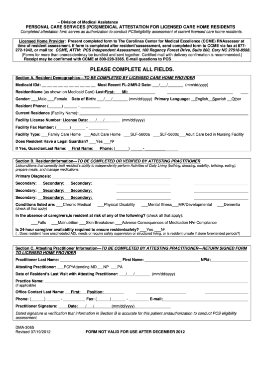 Fillable Form Dma-3065 - Personal Care Services (Pcs) Medical Attestation For Licensed Care Home Residents - N.c. Department Of Health And Human Services Printable pdf