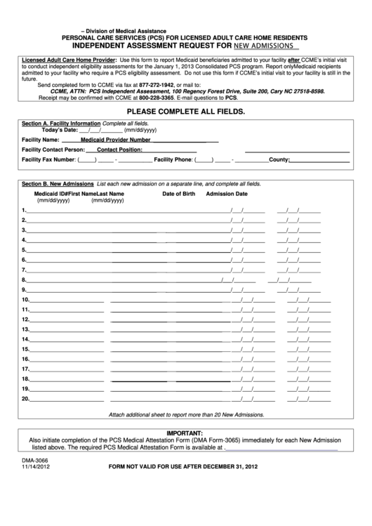Fillable Form Dma-3066 - Independent Assessment Request For New Admissions - North Carolina Department Of Health And Human Services Printable pdf