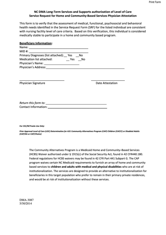 Fillable Form Dma-3087 - Service Request For Home And Community-Based Services Physician Attestation - North Carolina Printable pdf