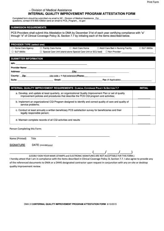 Fillable Form Dma 3136 - Internal Quality Improvement Program Attestation Form - North Carolina Department Of Health And Human Services Printable pdf