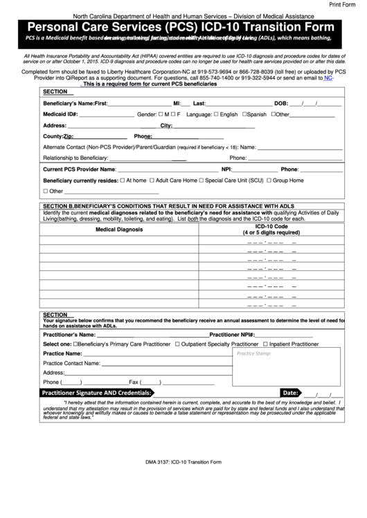 Fillable Form Dma 3137 - Personal Care Services (Pcs) Icd-10 Transition Form - North Carolina Department Of Health And Human Services Printable pdf