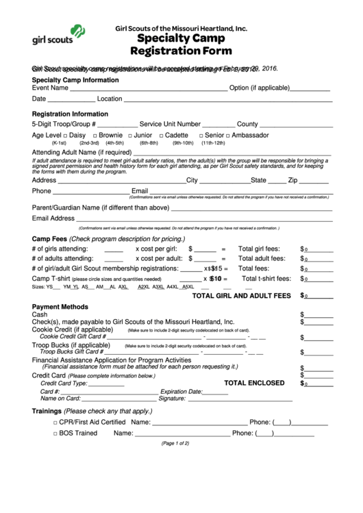 Fillable Specialty Camp Registration Form - Girl Scouts Of The Missouri Heartland Printable pdf