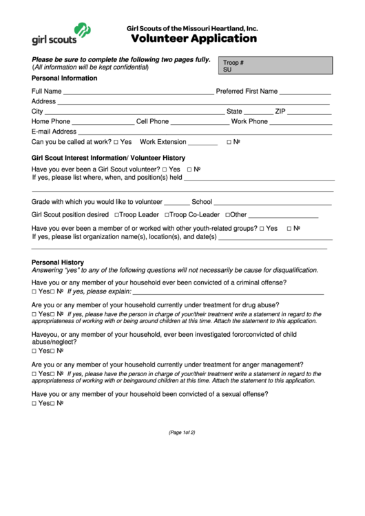 Fillable Volunteer Application Form - Girl Scouts Of The Missouri Heartland Printable pdf
