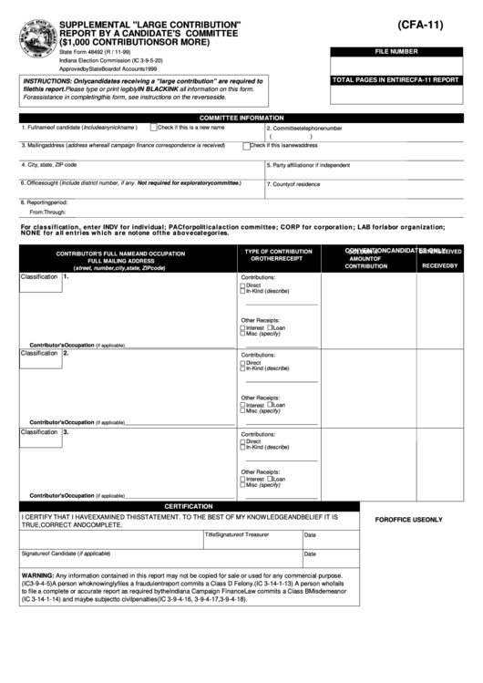 Fillable Form Cfa-11 - Supplemental "Large Contribution" Report By A Candidate