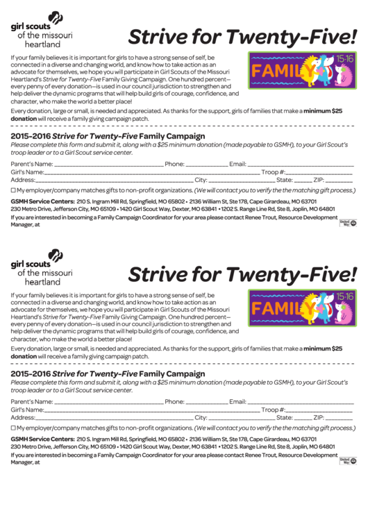 Strive For Twenty-Five Family Campaign Form - Girl Scouts Of The Missouri Heartland - 2015-2016 Printable pdf