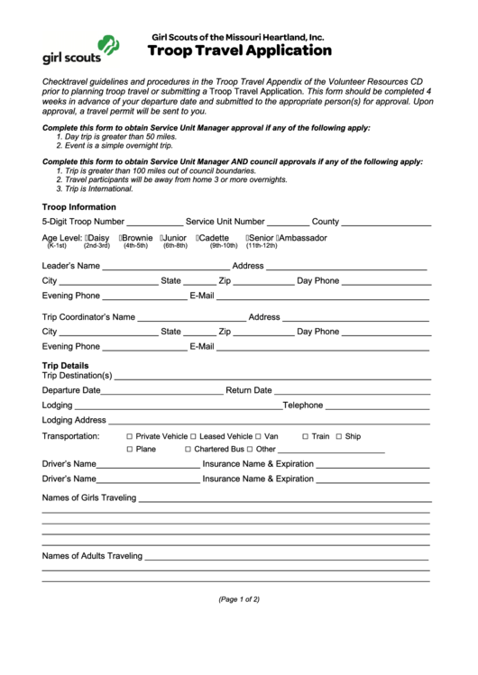 Fillable Troop Travel Application Form - Girl Scouts Of The Missouri Heartland Printable pdf