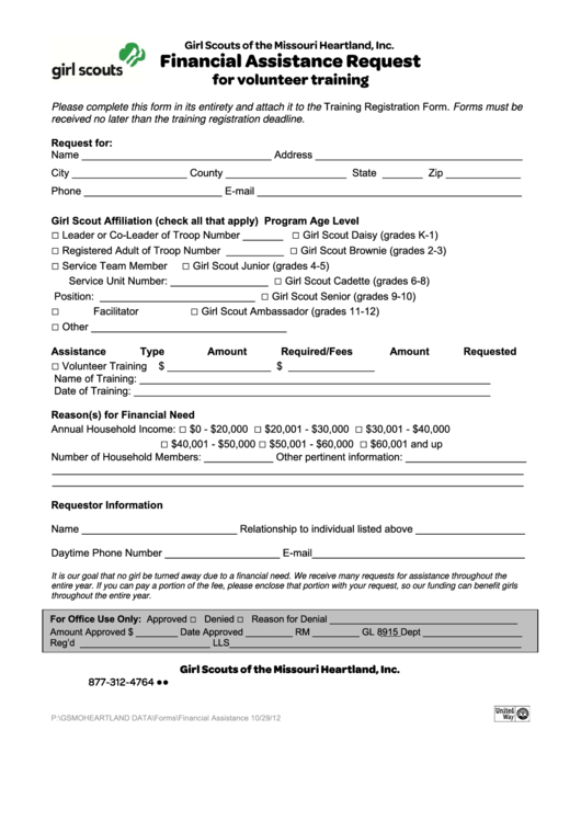 Fillable Financial Assistance Request Form - Girl Scouts Of The Missouri Heartland Printable pdf