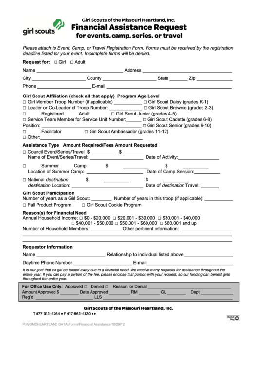 Fillable Financial Assistance Request Form - Girl Scouts Of The Missouri Heartland Printable pdf
