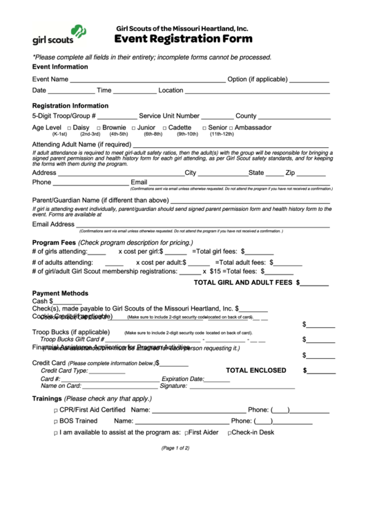 Event Registration Form - Girl Scouts Of The Missouri Heartland Printable pdf