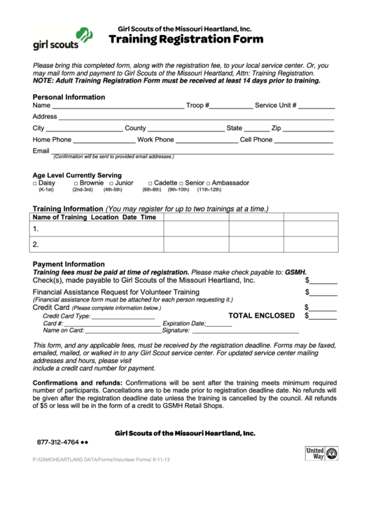 Fillable Training Registration Form - Girl Scouts Of The Missouri Heartland Printable pdf