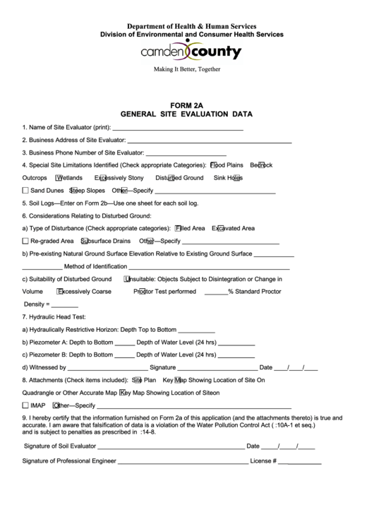 Septic Form 2a - General Site Evaluation Data - Department Of Health & Human Services Printable pdf