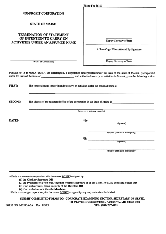Form Mnpca-5a - Termination Of Statement Of Intention To Carryon Activities Under An Assumed Name - State Of Maine Printable pdf