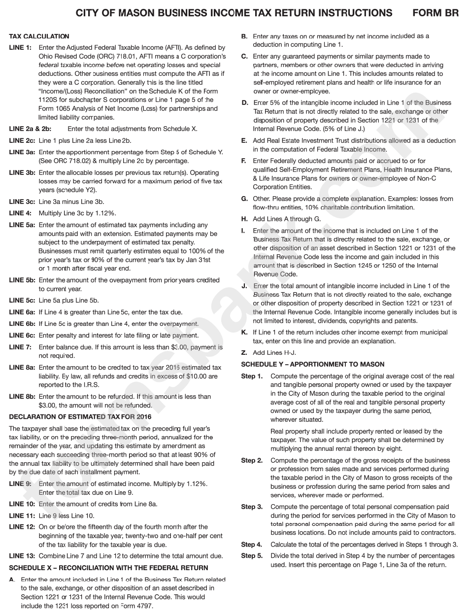 Form Br - Business Income Tax Return Instructions - City Of Mason