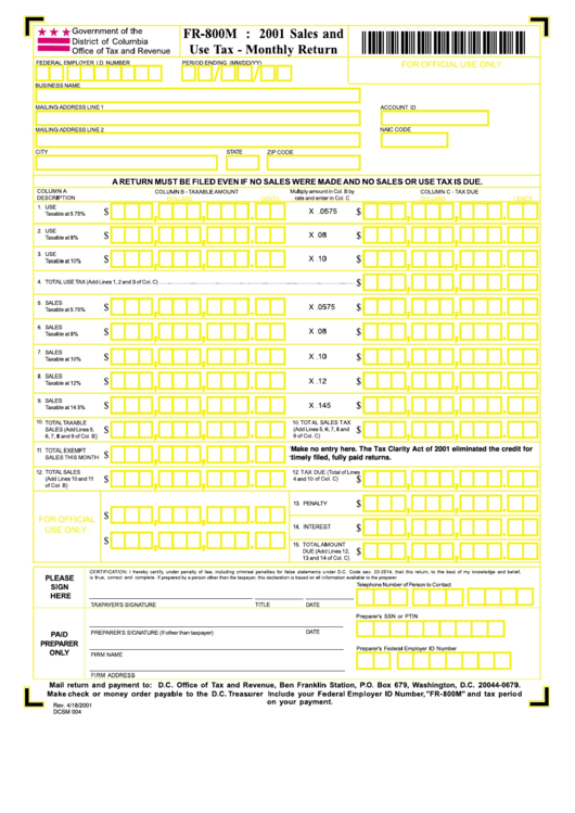 Form Fr-800m - Sales And Use Tax - Monthly Return For 2001 Printable pdf