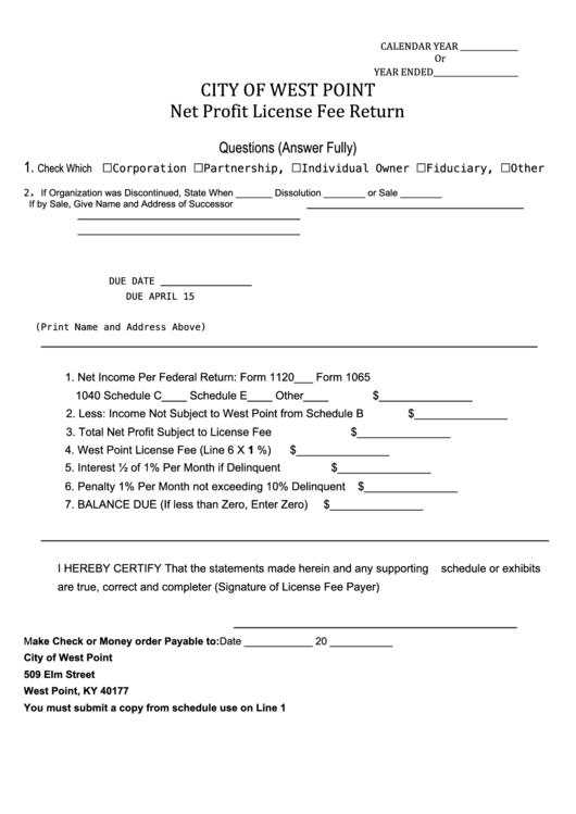 Net Profit License Fee Return Form - City Of West Point, Kentucky Printable pdf