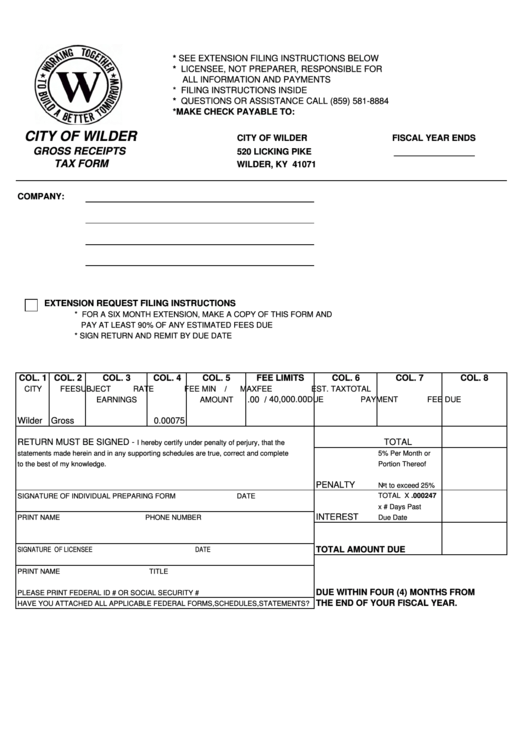 Gross Receipts Tax Form - City Of Wilder, Kentucky Printable pdf