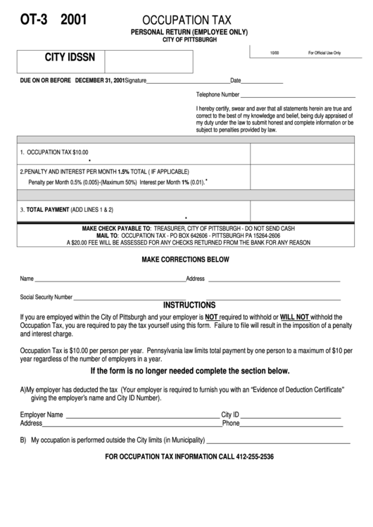 Form Ot-3 - Occupation Tax - City Of Pittsburgh - 2001 Printable pdf