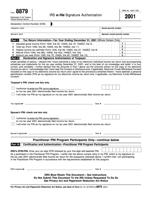 Form 8879 - Irs E-File Signature Authorization Printable pdf
