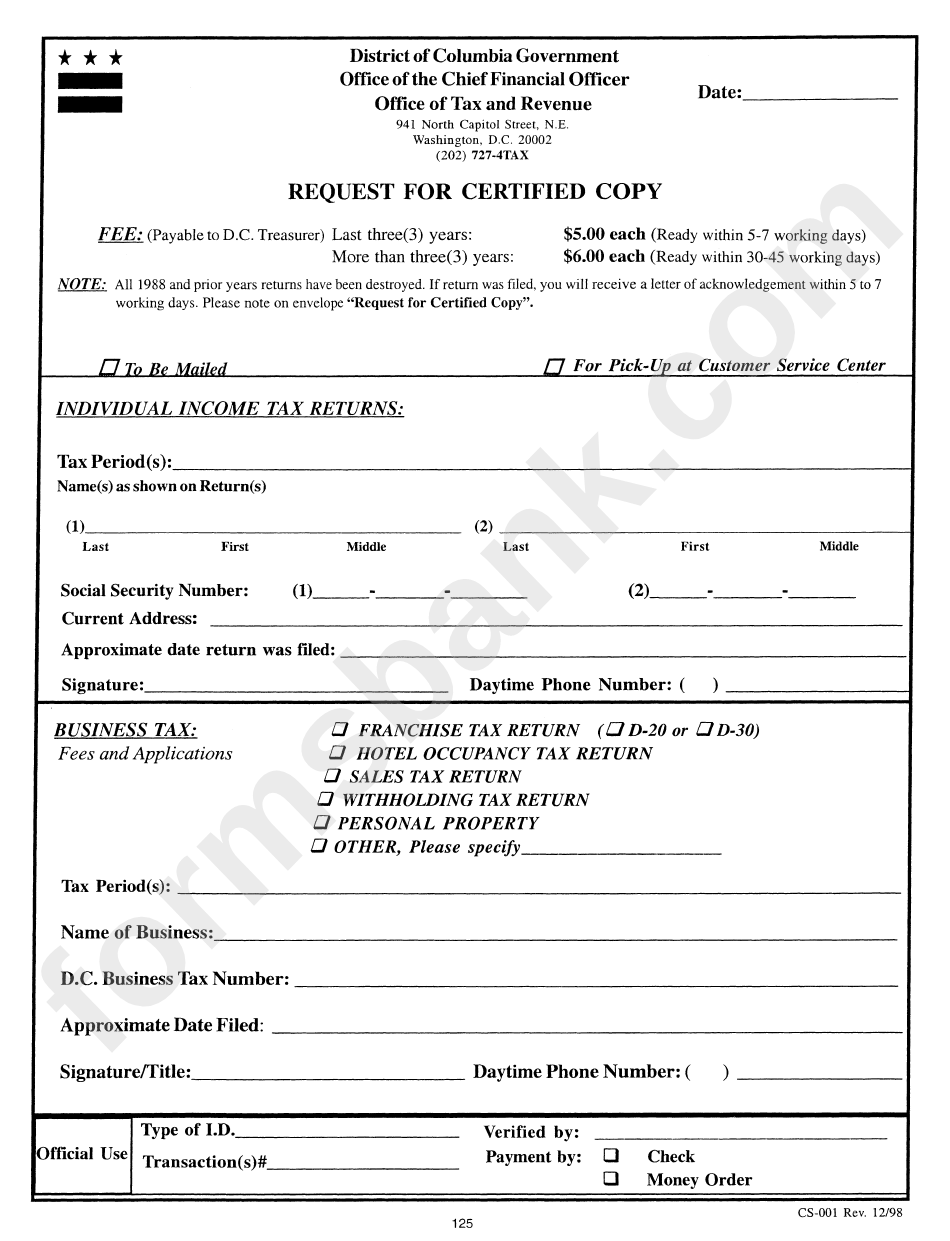 Form Cs-001 - Request For Certified Copy