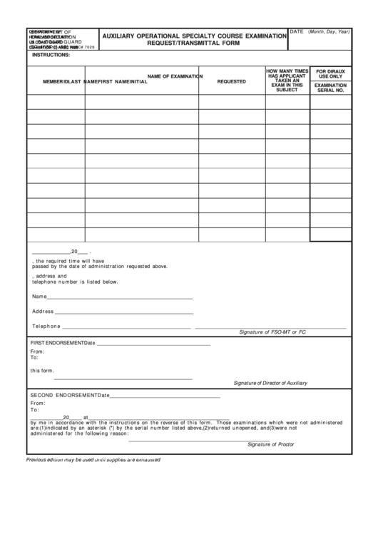 Fillable Form Cg-4887 - Auxiliary Operational Specialty Course Examination Request/transmittal Form - Department Of Homeland Security Printable pdf
