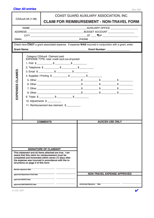 Fillable Form Cgauxa-4a - Claim For Reimbursement - Non-Travel Form - Coast Guard Auxiliary Association Printable pdf
