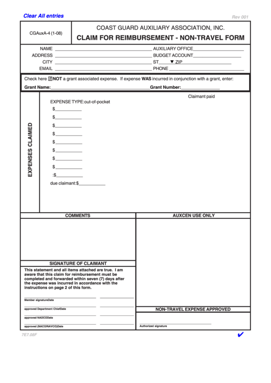 Fillable Form Cgauxa-4 - Claim For Reimbursement - Non-Travel Form - Coast Guard Auxiliary Association Printable pdf