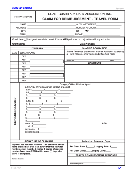 Fillable Form Cgauxa-3a - Claim For Reimbursement - Travel Form - Coast Guard Auxiliary Association Printable pdf