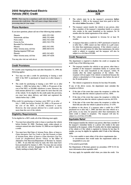 Instructions For Form 328 - Neighborhood Electric Arizona Form Vehicle (Nev) Credit Printable pdf