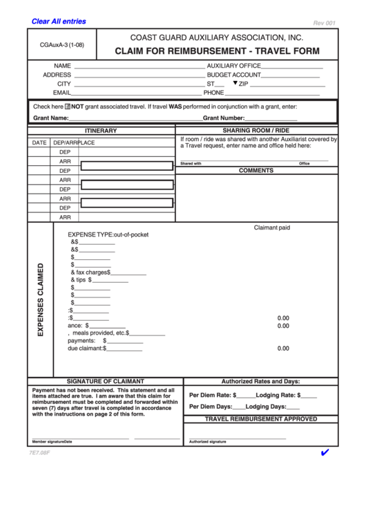 Fillable Form Cgauxa-3 - Claim For Reimbursement - Travel Form - Coast Guard Auxiliary Association Printable pdf