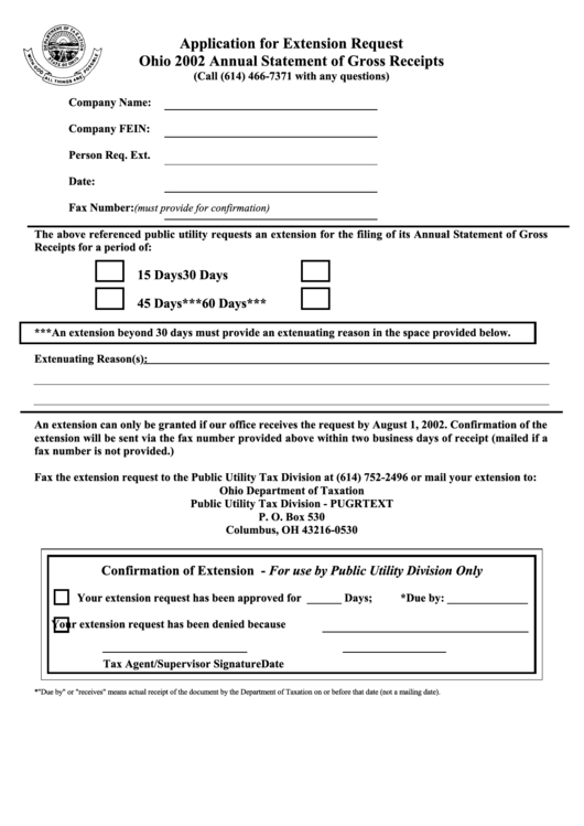 Application For Extension Request Form - Ohio 2002 Annual Statement Of Gross Receipts Printable pdf