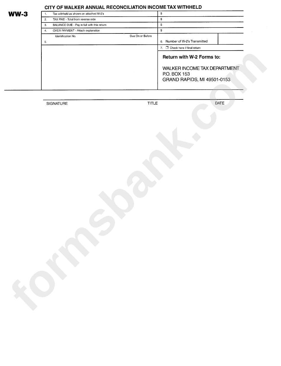 Form Ww-3 - City Of Walker Annual Reconciliation Income Tax Withheld Form - State Of Alabama