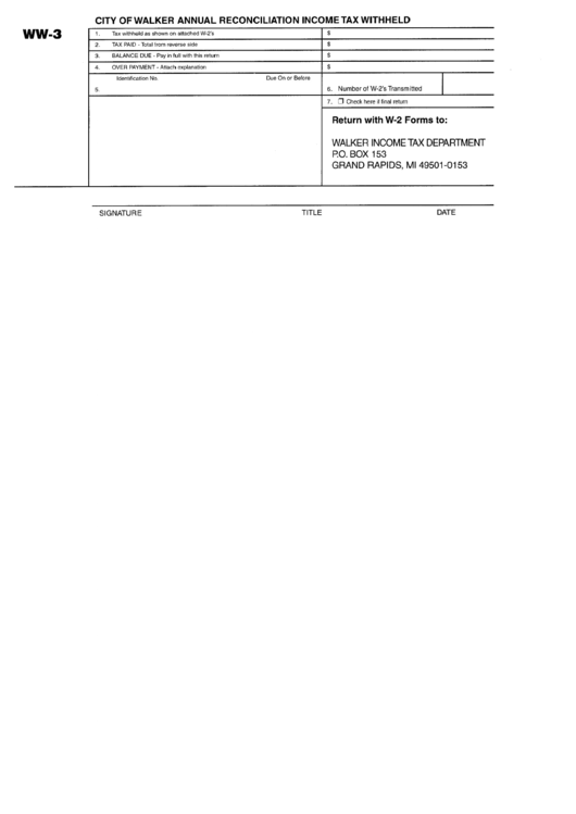 Form Ww3 City Of Walker Annual Reconciliation Tax Withheld