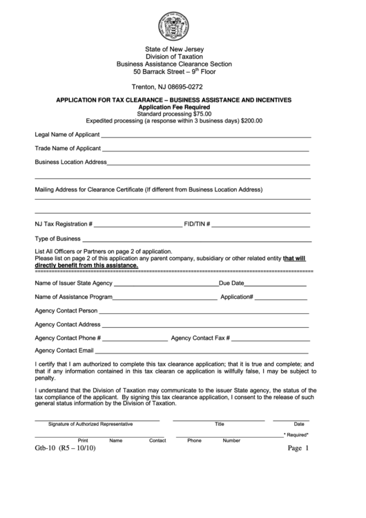 Fillable Form Gtb-10 - Application For Tax Clearance - Business Assistance And Incentives Form - New Jersey Division Of Taxation Printable pdf