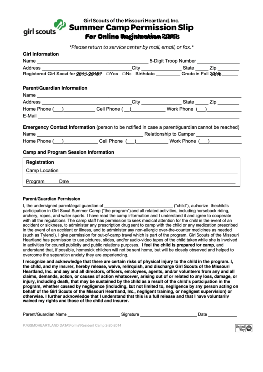 Fillable Summer Camp Permission Slip Form Girl Scouts Of The Missouri
