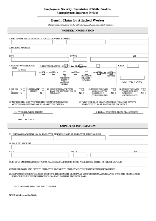 Fillable Form Ncui 501 - Benefit Claim For Attached Worker Printable pdf