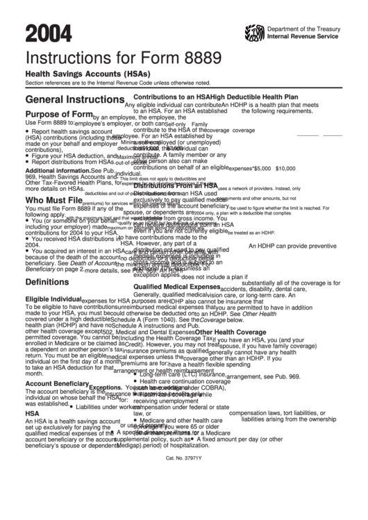 Instructions For Form 8889 - Health Savings Accounts (Hsas) - 2004 Printable pdf