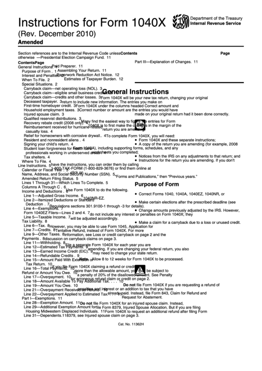 Instructions For Form 1040x - Amended U.s. Individual Income Tax Return - 2010 Printable pdf