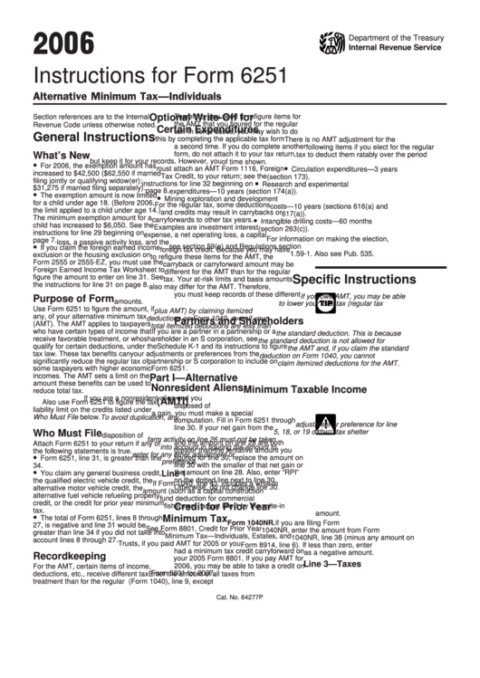 Instructions For Form 6251 - Alternative Minimum Tax - Individuals - 2006 Printable pdf