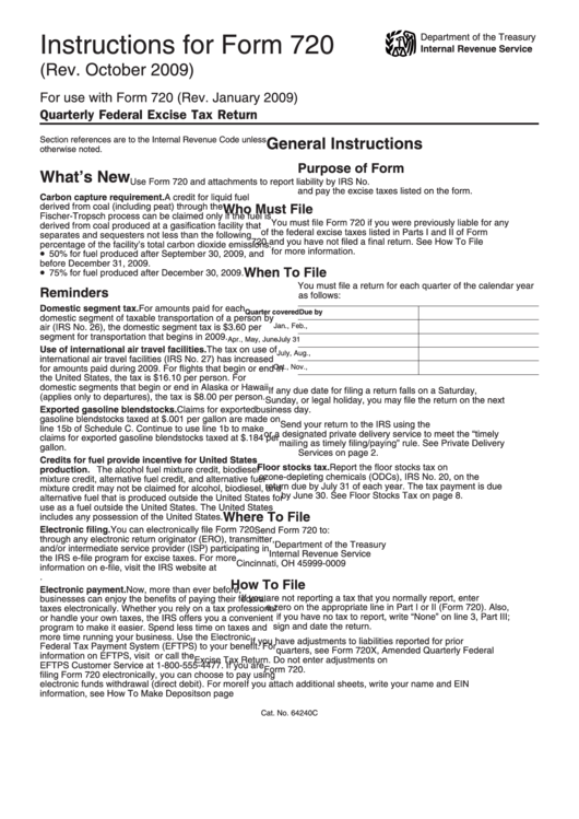 Instructions For Form 720 - Quarterly Federal Excise Tax Return - 2009 Printable pdf
