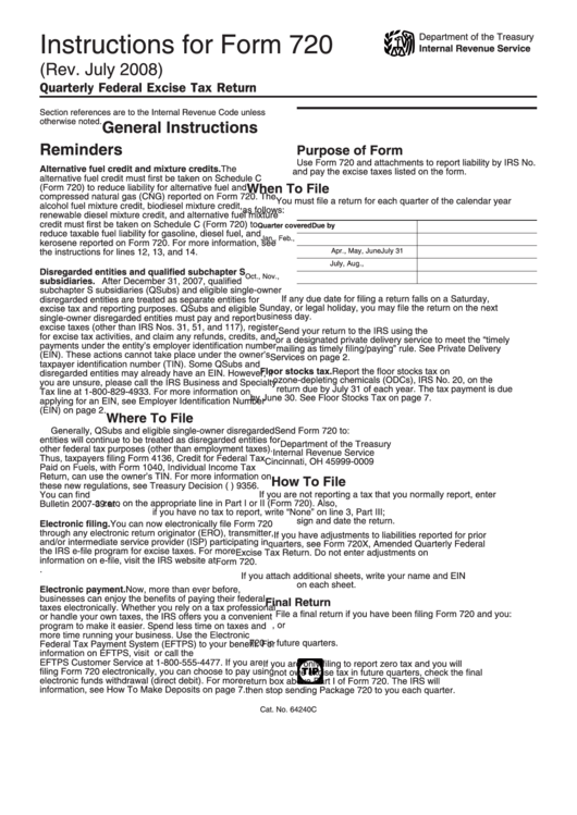 Instructions For Form 720 - Quarterly Federal Excise Tax Return - 2008 Printable pdf