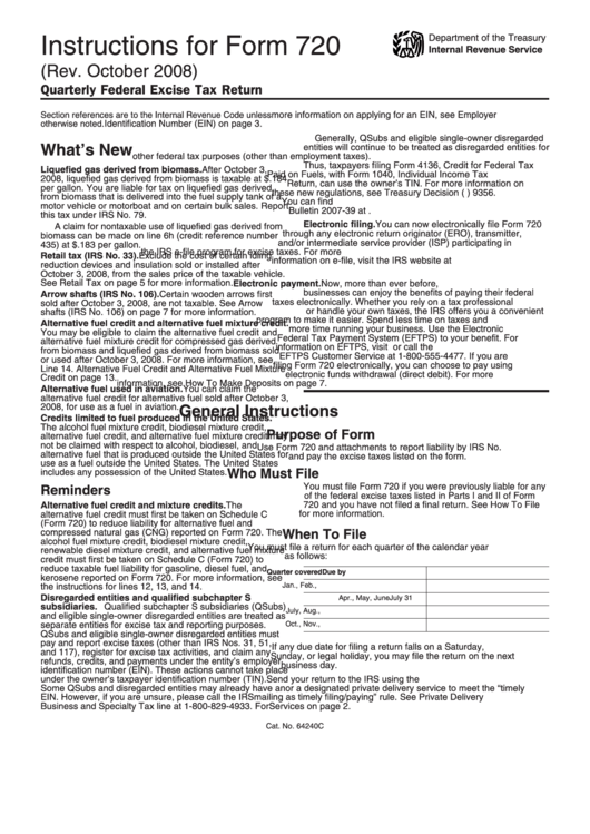 Instructions For Form 720 - Quarterly Federal Excise Tax Return - 2008 Printable pdf